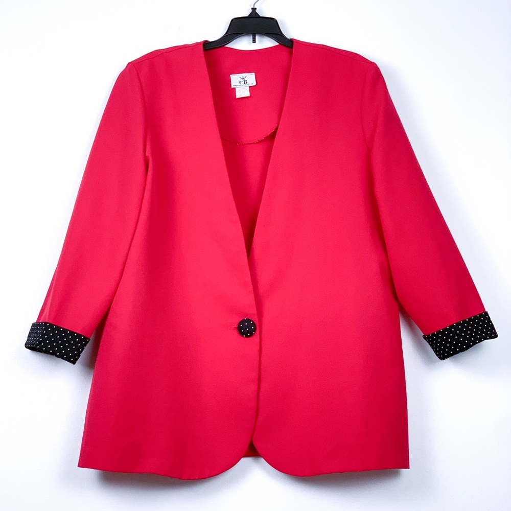 Vintage hot pink blazer collarless with black & white polka dot accents sz 16WP